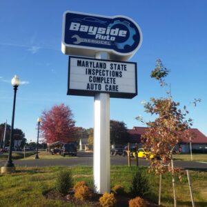 The signage of Bayside Auto Service, an auto repair shop in Stevensville, MD.