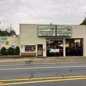 The storefront of Bransfield Motor Company, an auto repair shop in Reisterstown, Maryland.