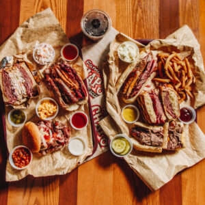 A table with food and beverages from Chap's Pit Beef in Baltimore.