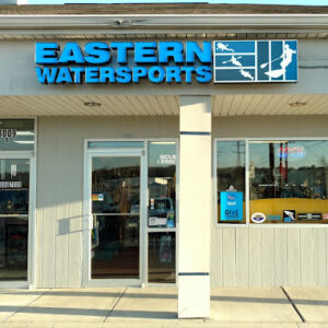 The storefront of Eastern Watersports, a local water sports equipment rental business in Baltimore, MD.