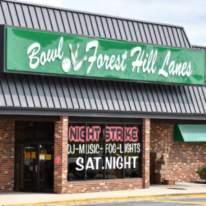 The storefront of Forest Hill Lanes, a local bowling alley in Harford County, Maryland.