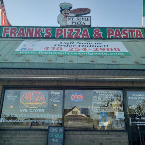 The storefront of Frank's Pizza and Pasta, a pizza restaurant in Baltimore, MD.