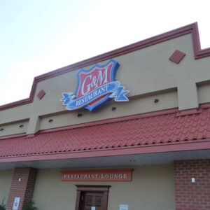 The storefront of G&M Restaurant, a local seafood restaurant in Anne Arundel County.