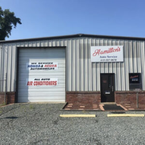 The storefront of Hamilton's Auto Service, a locally owned auto repair shop in Elkton, MD.