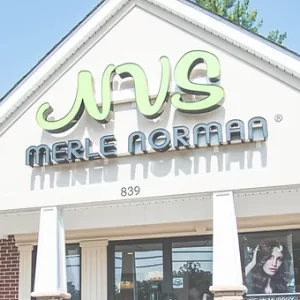 alt="The storefront of NVS Merle Norman Beauty Salon in Bel Air, MD."
