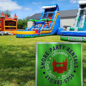 Inflatable bounce houses of Shore Party Rentals, a party rental business in Maryland.